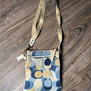 Coach Op Art Crossbody Swingpack Blue Cream Yellow Canvas Leather Trim